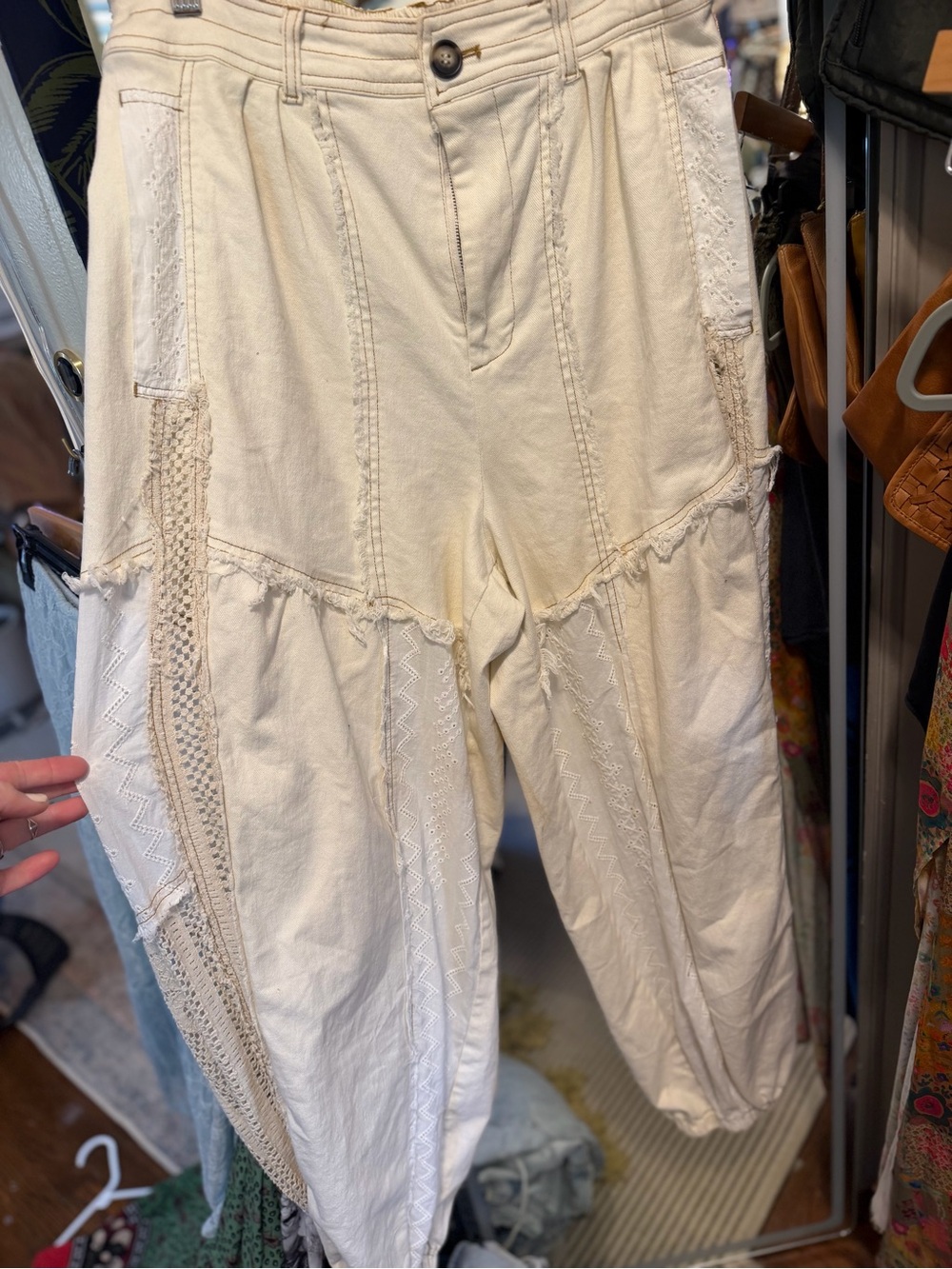 Oli & Hali Cream Boho Wide-Leg Pants with Lace Insets
